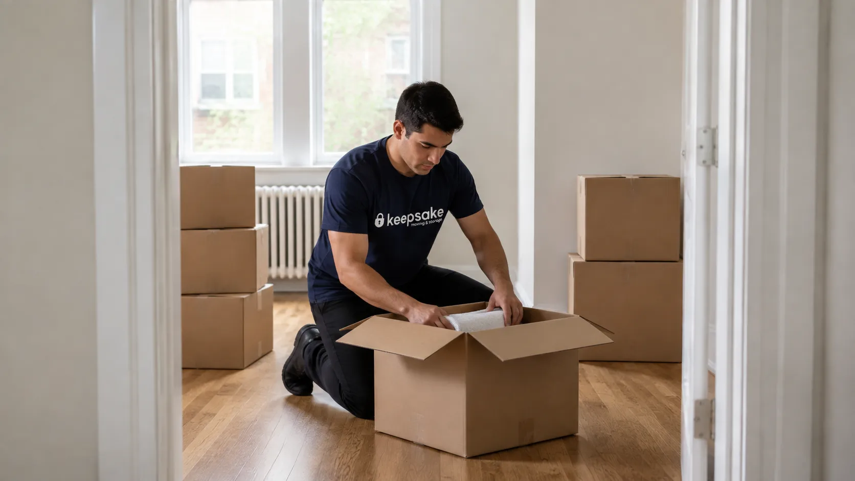 A mover sorting a low box beside two separate groups of cartons.