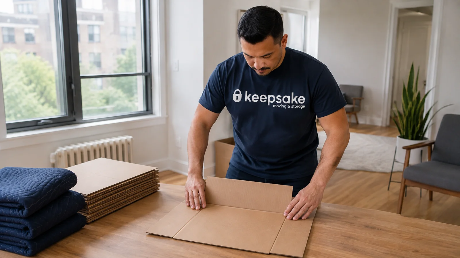 A mover folding cardboard packaging beside spare flat cartons.