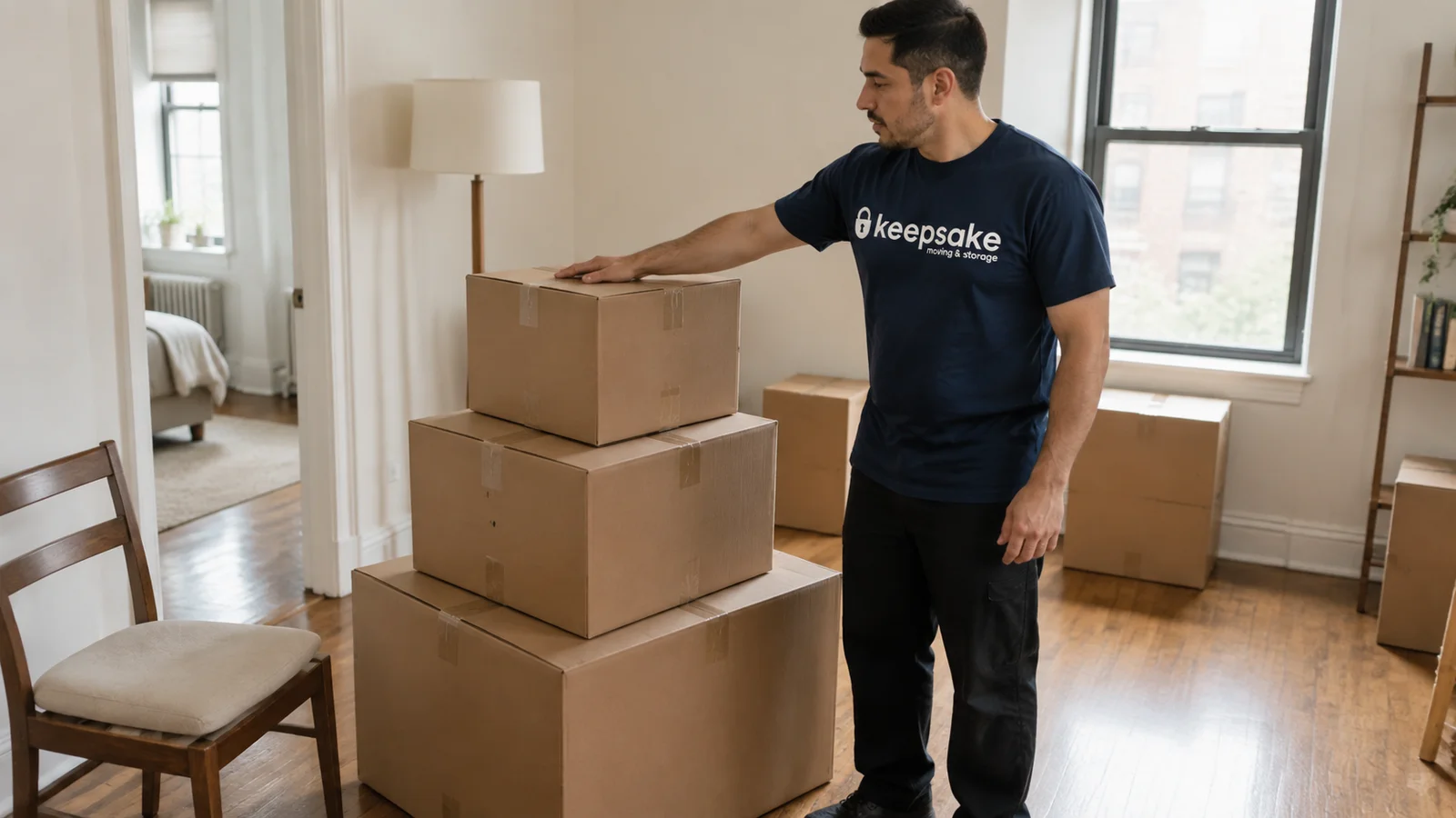Plain moving boxes grouped beside a clear apartment walkway.