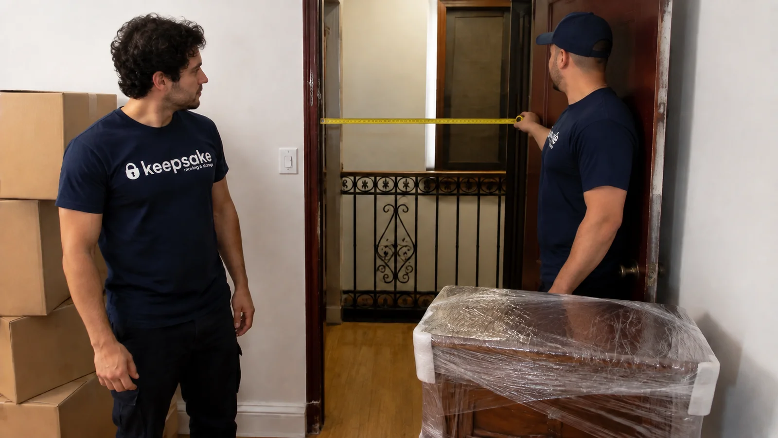 Two movers checking an apartment doorway before moving a side table.