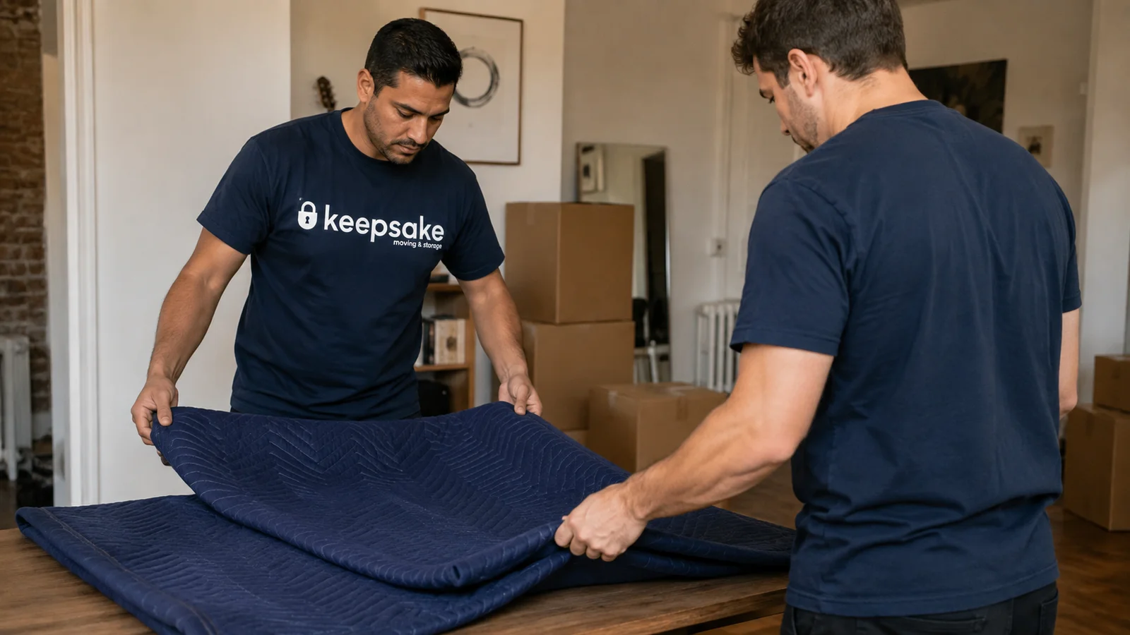 Two movers folding a protective blanket at a table.