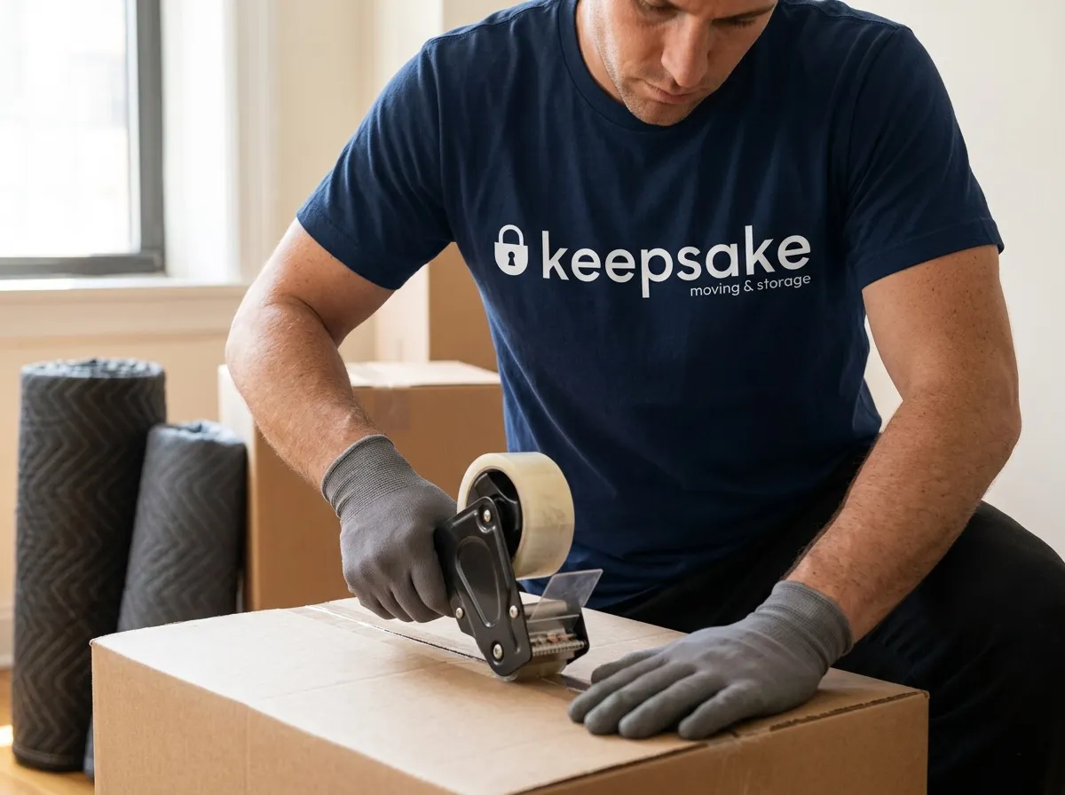 A gloved Keepsake mover running a tape gun along the seam of a packed box, rolls of moving pads stacked behind