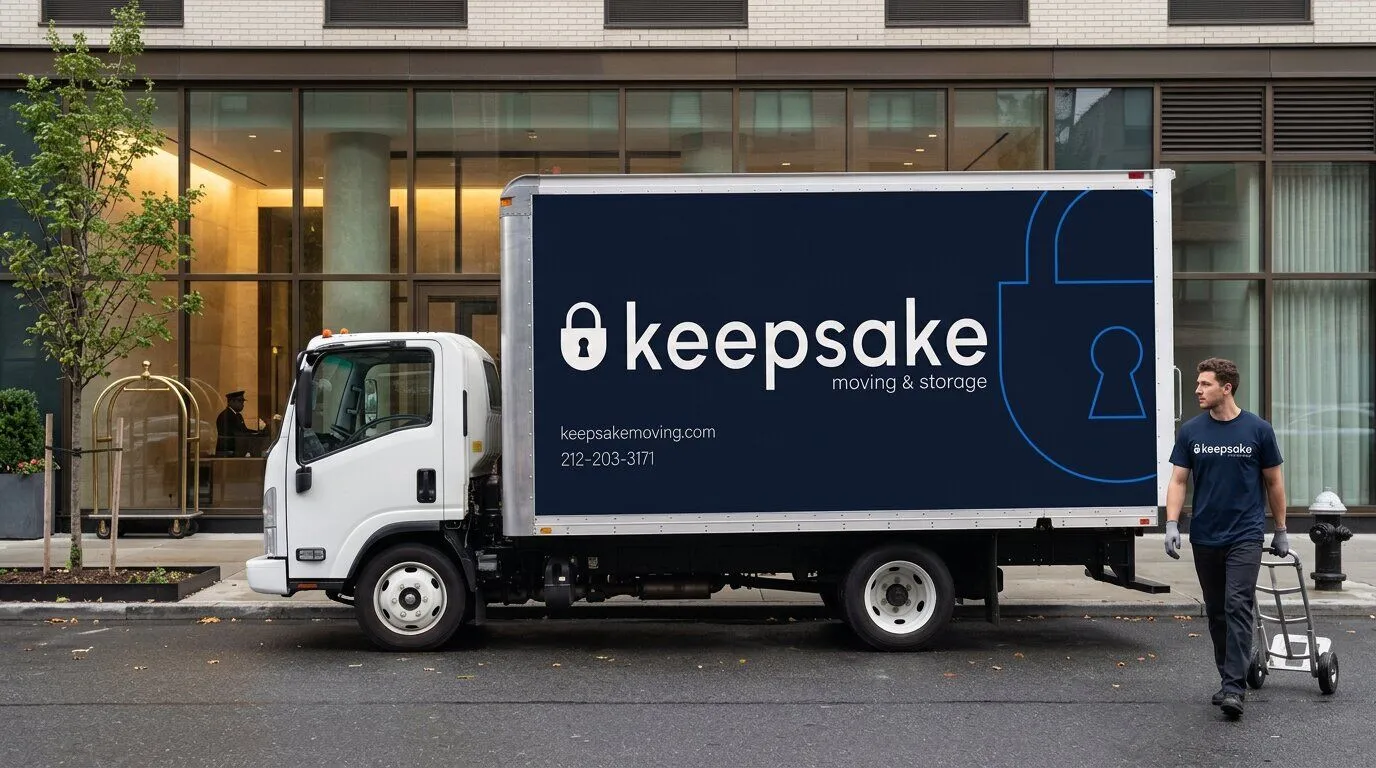 The Keepsake truck waiting outside a glass-fronted apartment lobby while a mover wheels a folded hand truck toward the rear