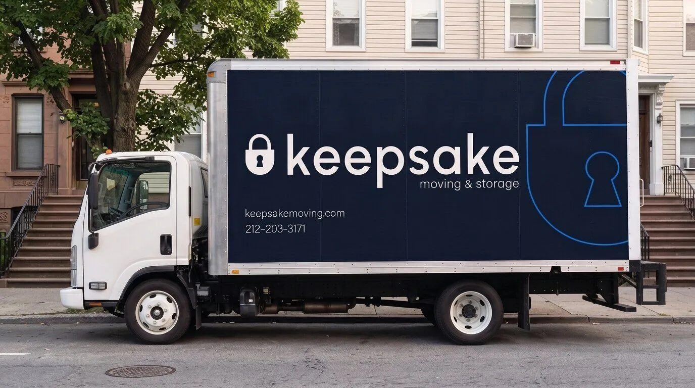 The Keepsake truck parked in full side profile on a brownstone block, a mover walking along the sidewalk beside it