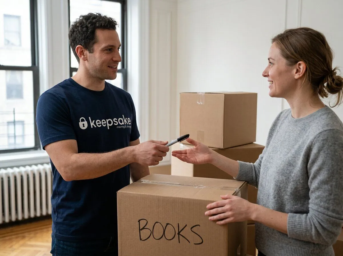 A Keepsake mover passing the marker to the customer across a taped-up box marked BOOKS