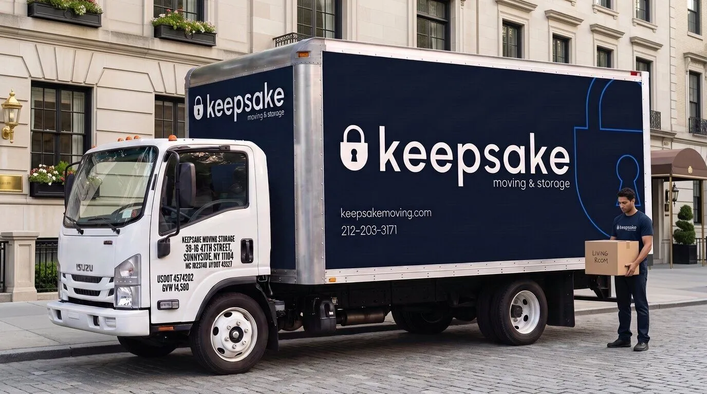 Morning sun on the Keepsake truck parked at the foot of a limestone townhouse row