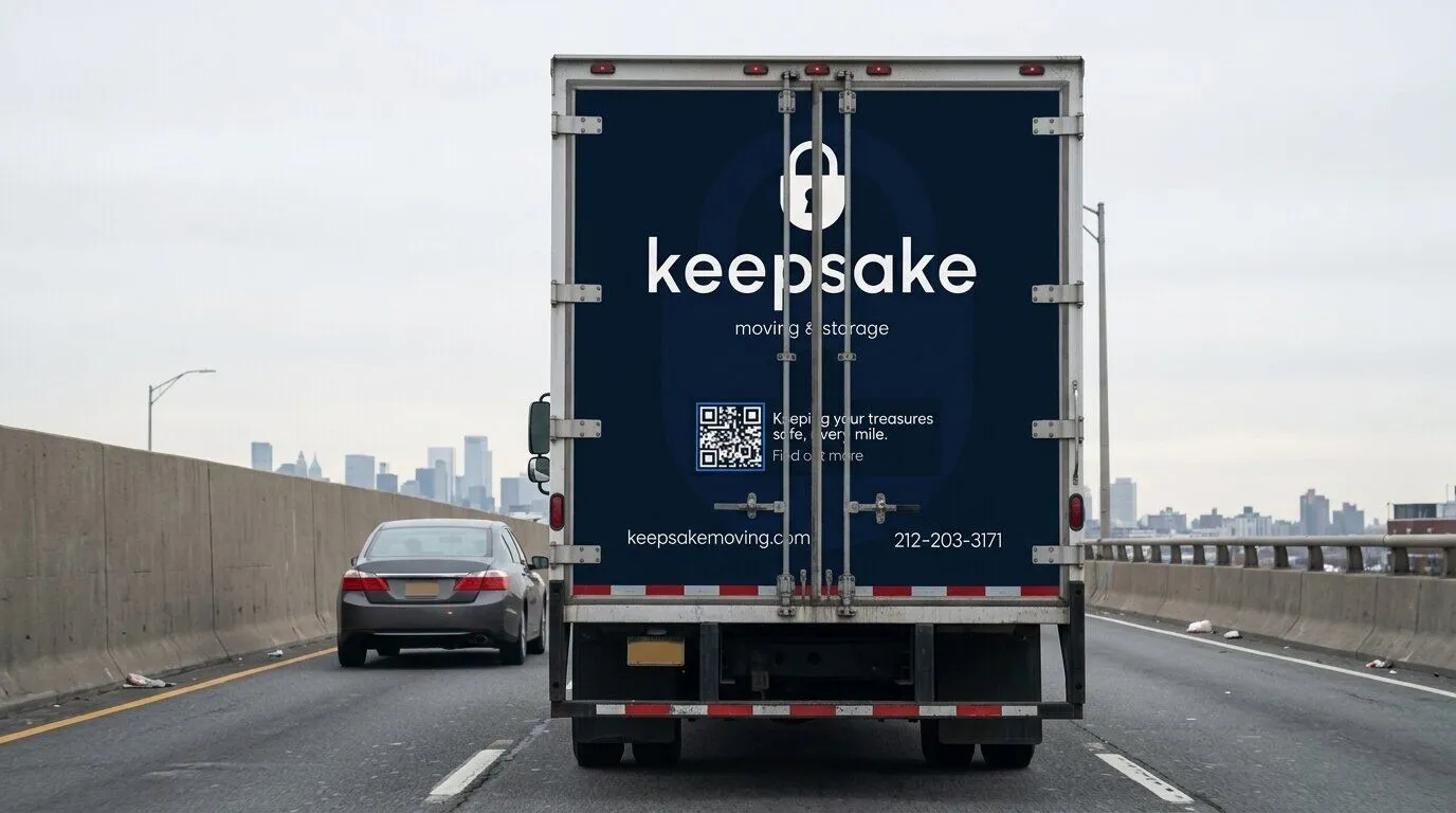 The rear doors of the large Keepsake truck on the interstate out of the city, the skyline faint in the haze behind
