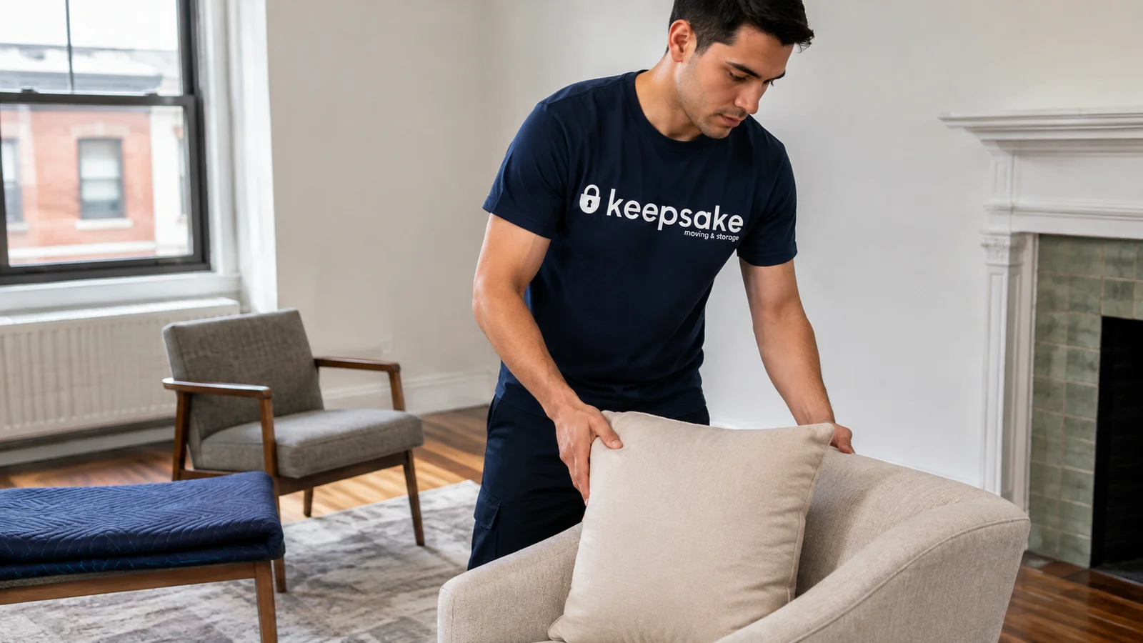 Illustrative scene of a staging chair being placed in an apartment.