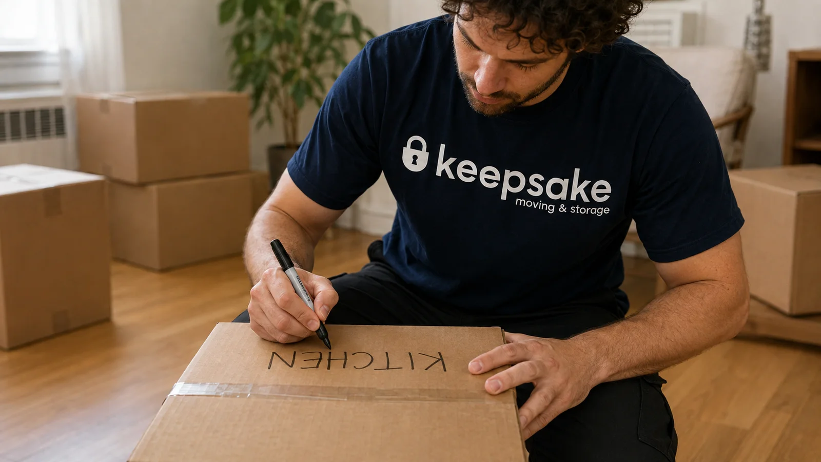 A mover holding a marker above a box labeled for the kitchen.