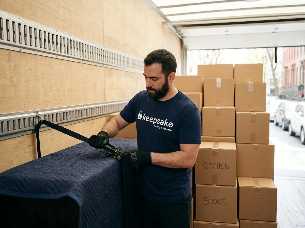 A mover strapping a pad-wrapped dresser in place inside a moving truck
