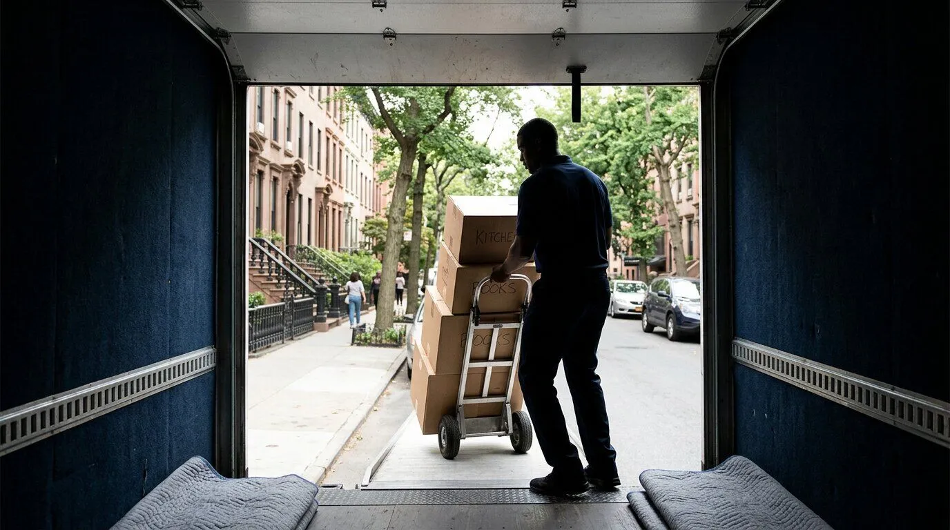 Illustrative view from inside a loaded moving truck toward the ramp and street beyond