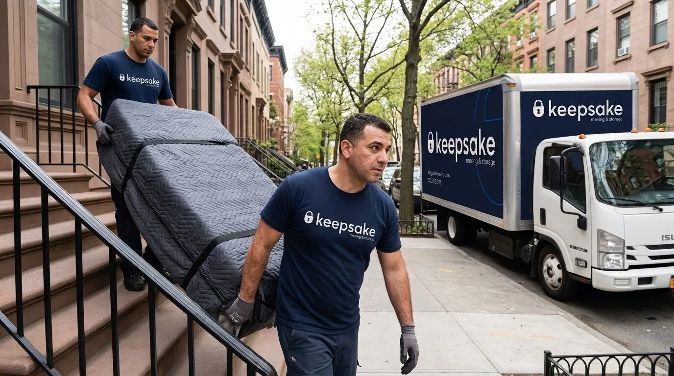 Two Keepsake movers bringing a strapped, pad-wrapped piece of furniture down brownstone stoop steps, their truck at the curb beyond
