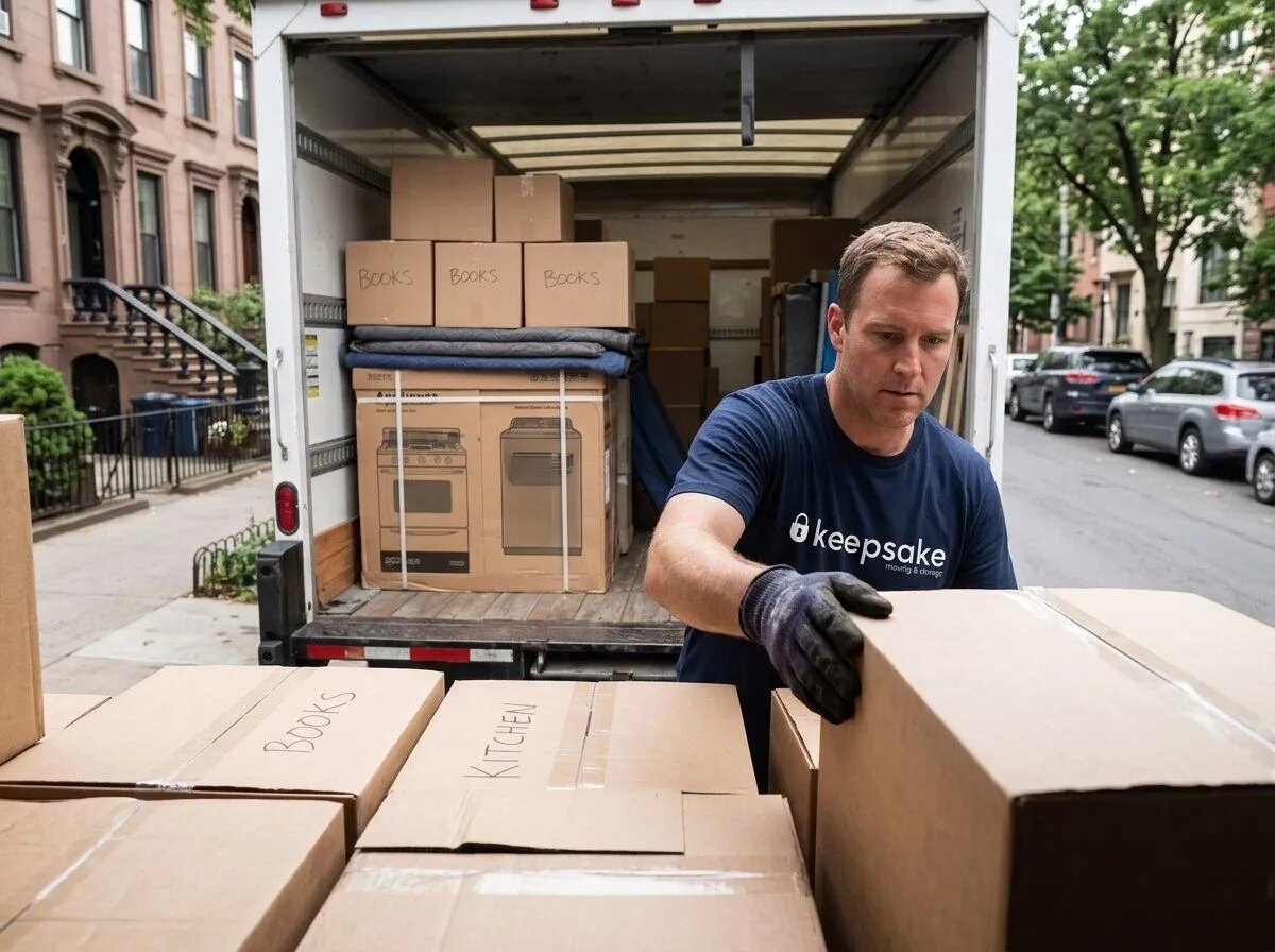 A Keepsake mover stacking a short run of labelled boxes at the open back of the truck