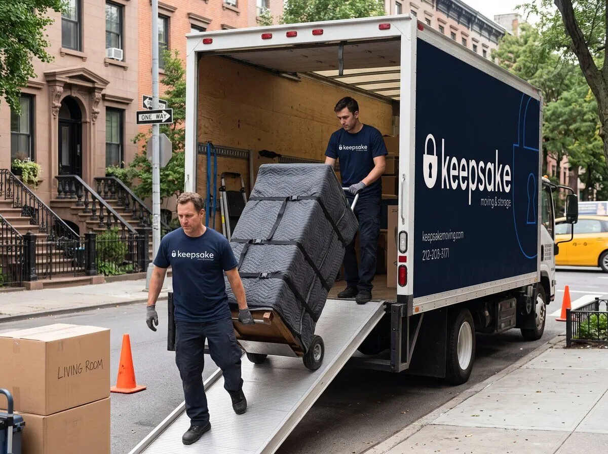 A pad-wrapped armoire riding a hand truck down the truck ramp, steadied by two Keepsake movers