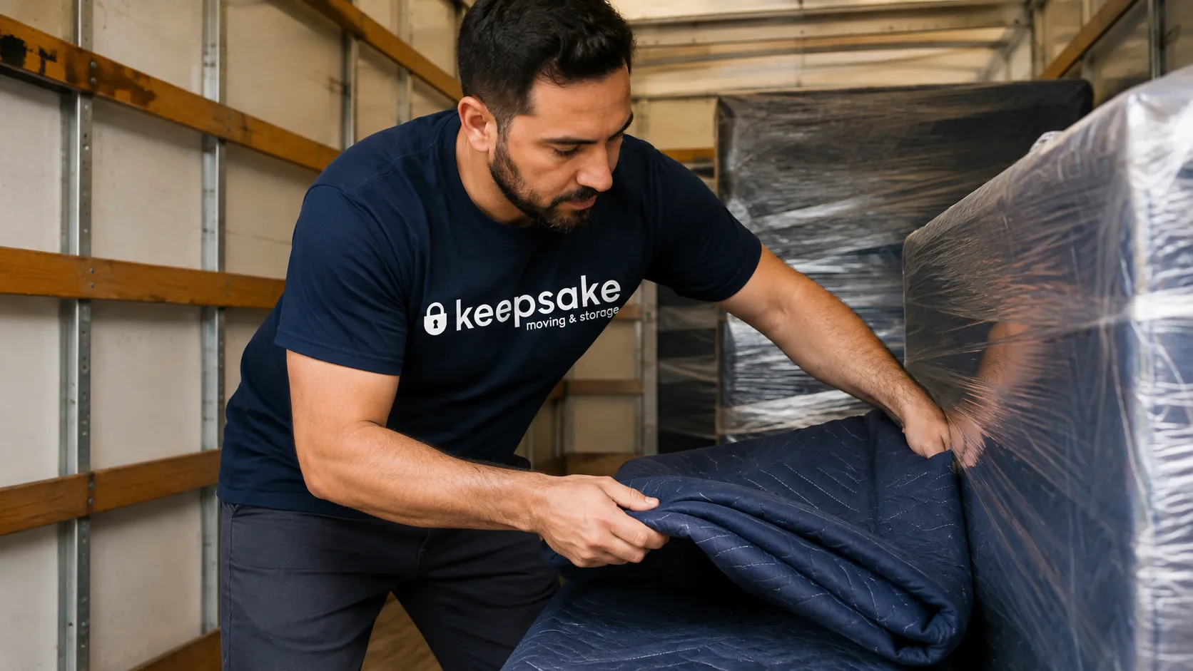 A mover adding a protective blanket between supported items in a truck.
