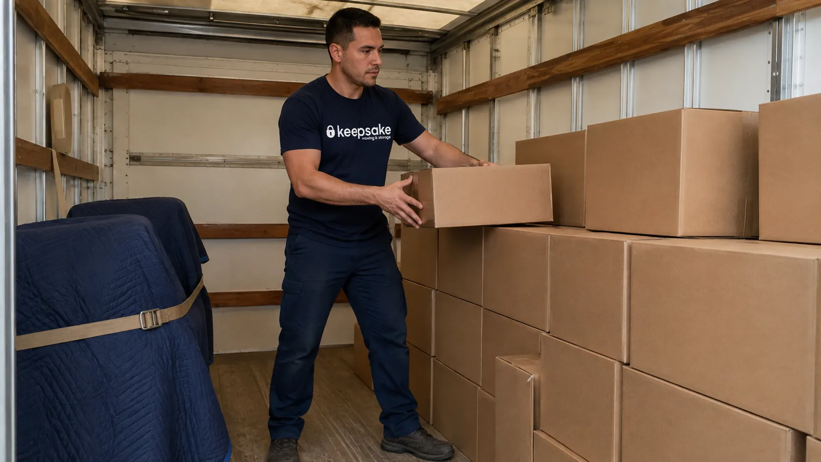 A mover arranging a supported carton inside a moving truck.