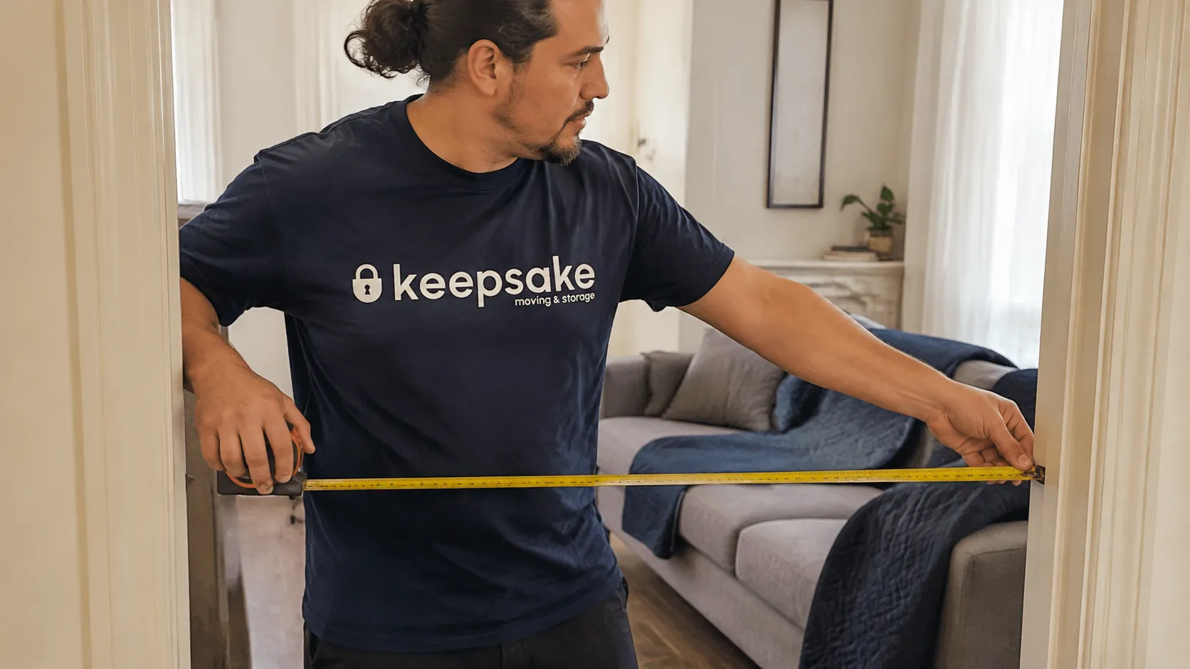 Illustrative scene of doorway measurements being checked beside furniture.