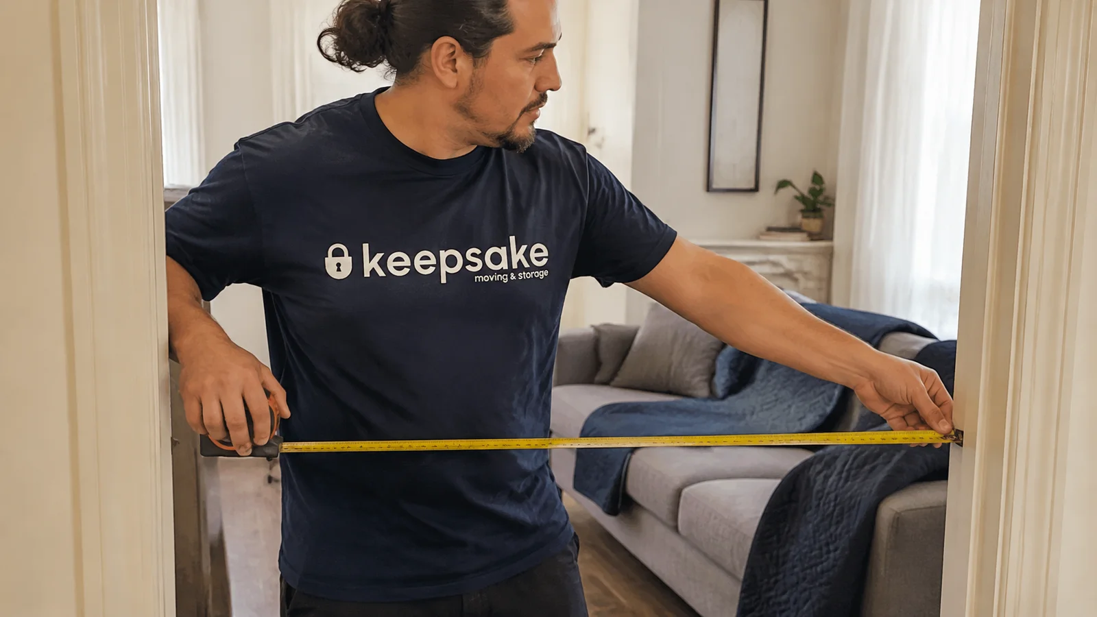 Illustrative scene of doorway measurements being checked beside furniture.