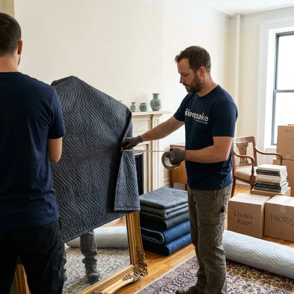 A Keepsake mover taping a padded moving blanket around a large framed mirror