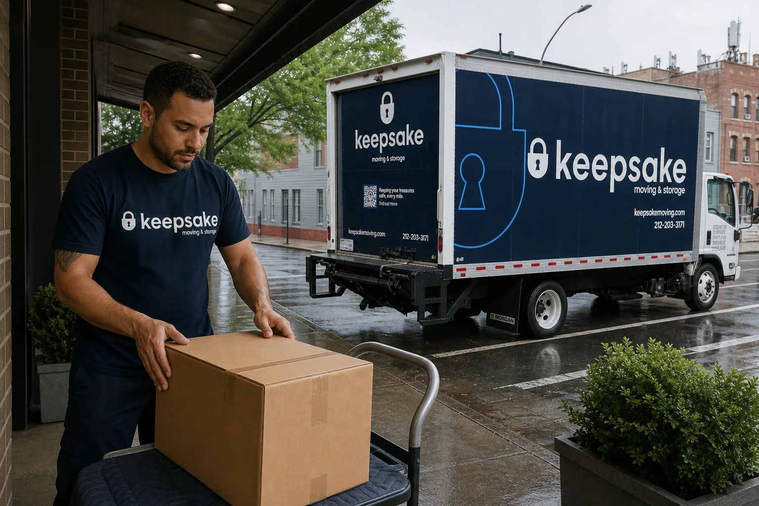 Illustrative scene of sheltered moving preparation beside the reference Keepsake truck.