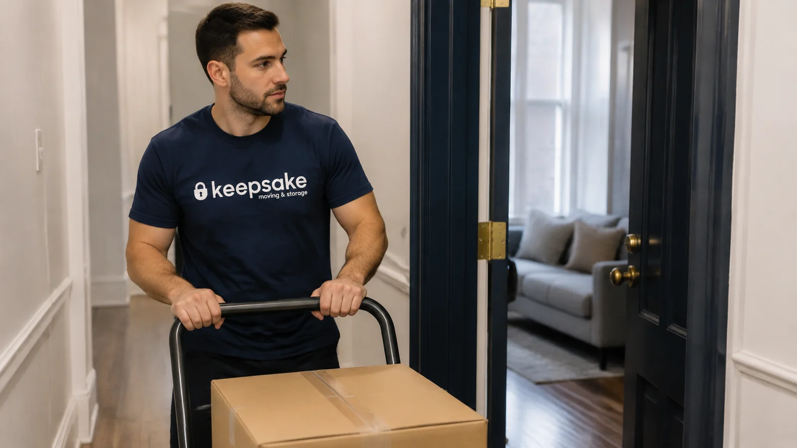 Illustrative scene of a box being moved along a clear apartment hallway.