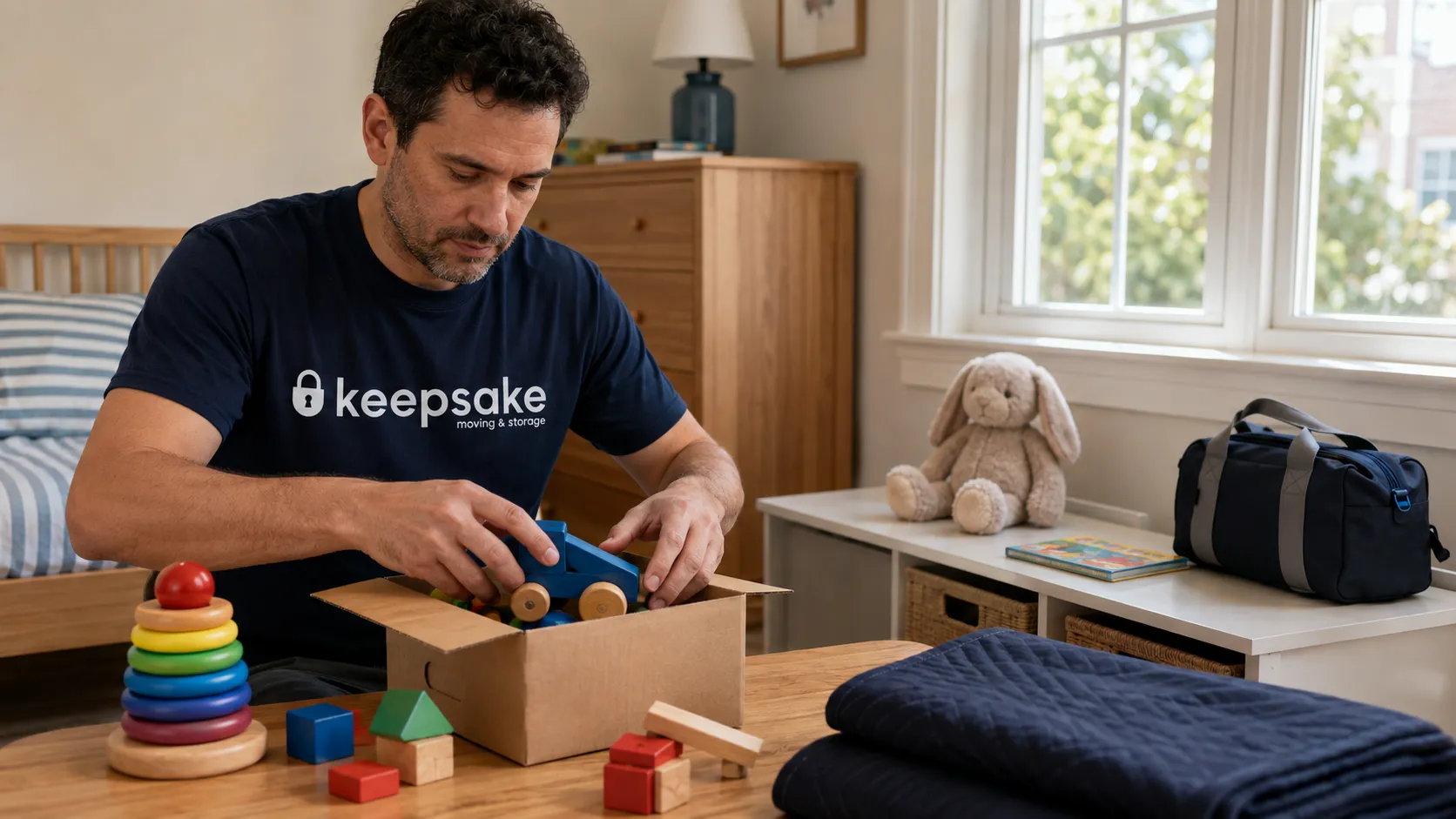 Illustrative scene of a child's familiar belongings set aside during packing.