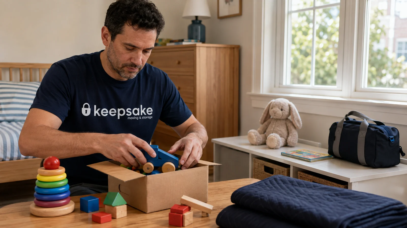 Illustrative scene of a child's familiar belongings set aside during packing.