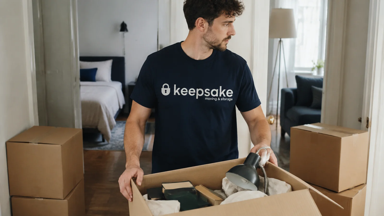 Illustrative scene of separate belongings organized for an apartment move.