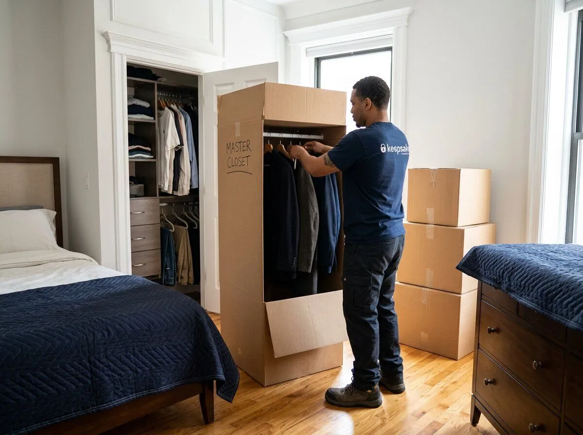 A Keepsake mover filling a wardrobe box marked MASTER CLOSET with clothes kept on their hangers