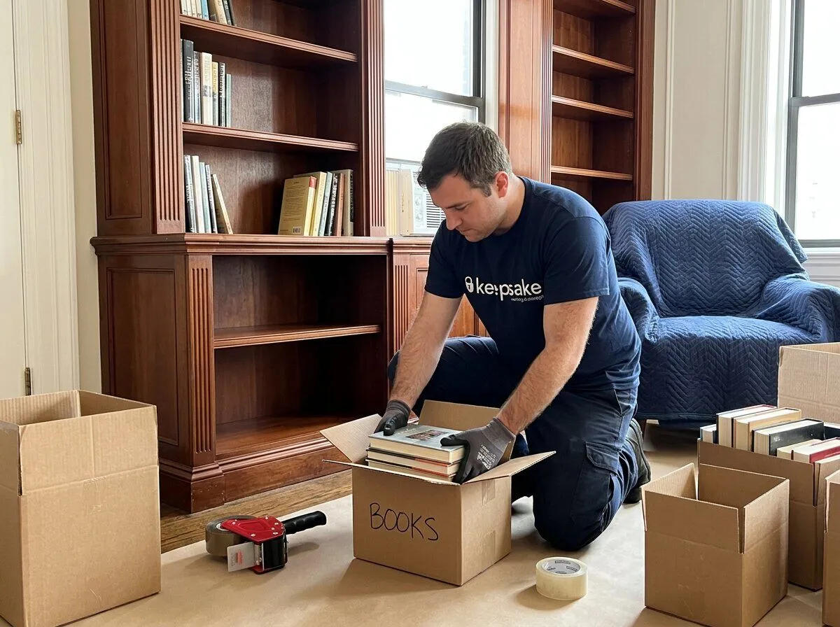 A Keepsake mover kneeling in a wood-panelled library, packing hardback books into a box labelled BOOKS