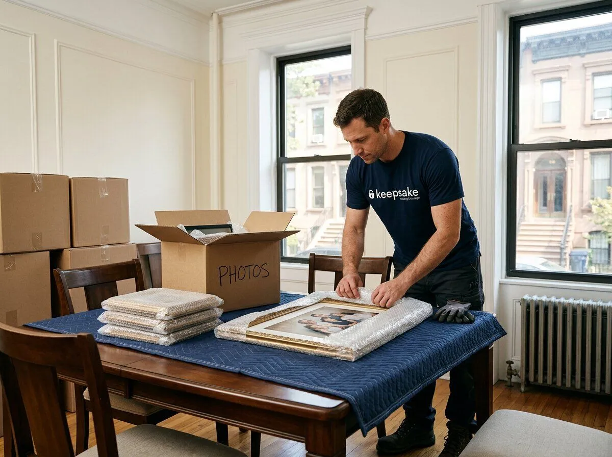A Keepsake mover wrapping a gold-framed family portrait in bubble wrap, a box marked PHOTOS beside him