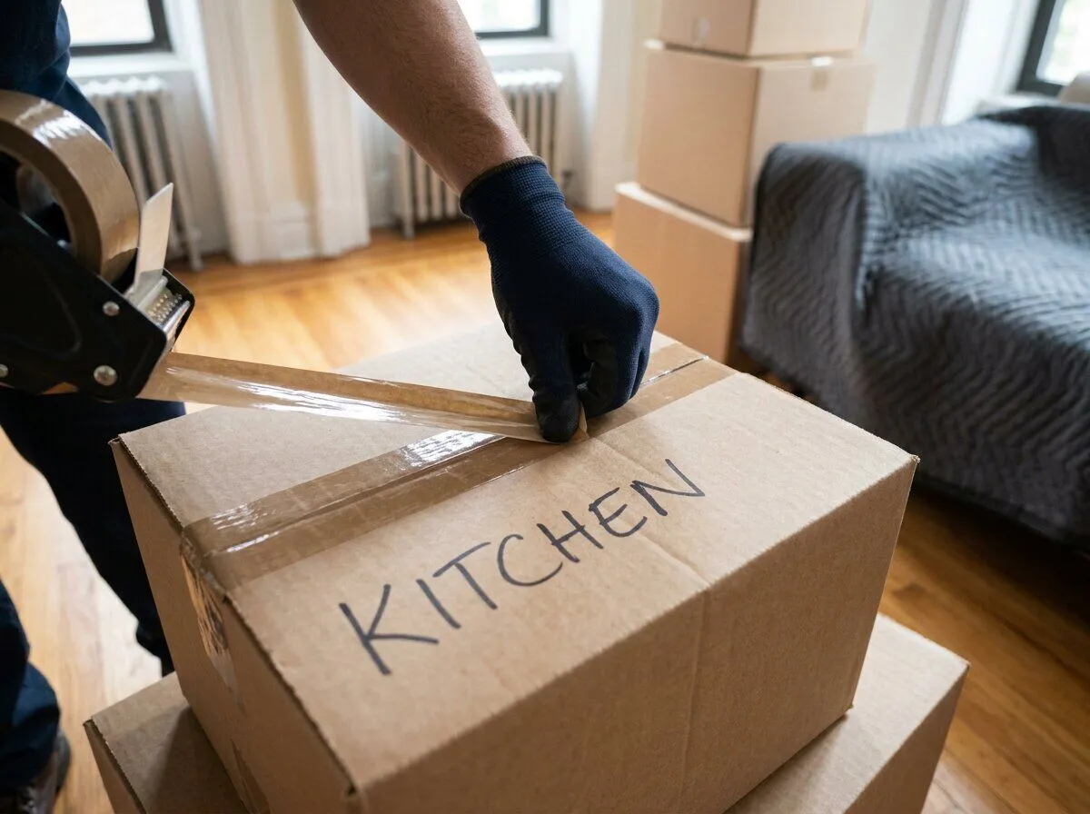 A Keepsake mover in gloves sealing a box marked KITCHEN with tape, a sofa under a moving blanket behind him