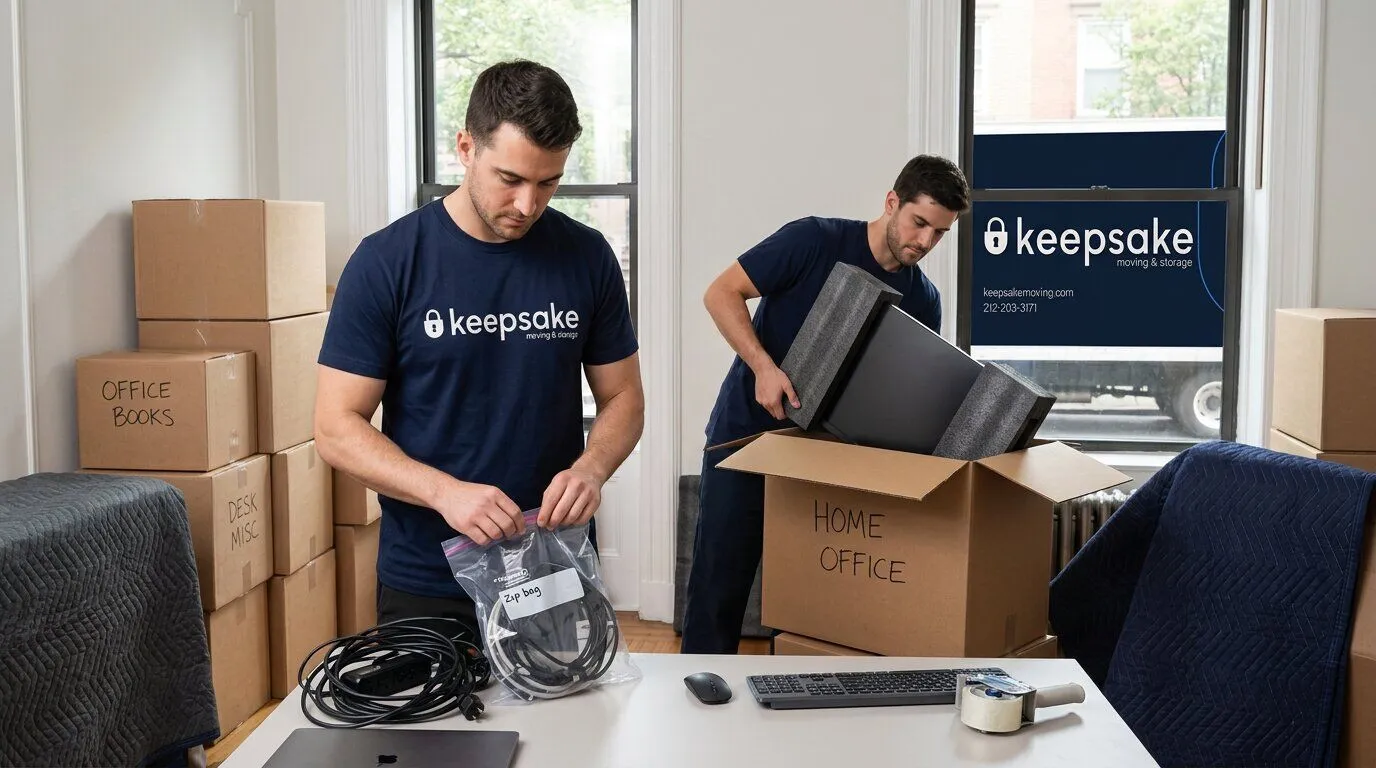 Two Keepsake crew members boxing up a home office, a foam-cased monitor going into a box marked HOME OFFICE, the truck parked outside the window