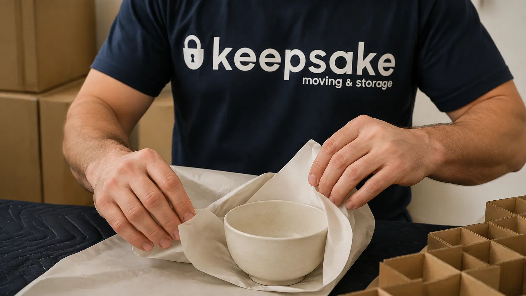 Hands wrapping a supported ceramic bowl in packing paper.