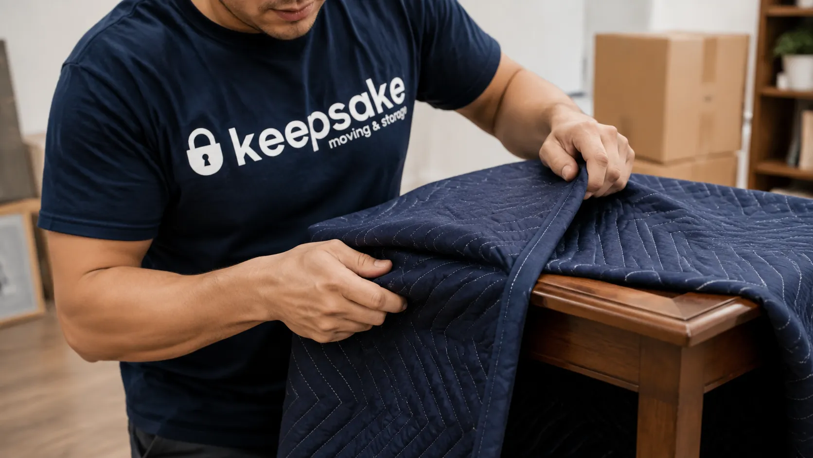 A mover folding a protective blanket around a side-table corner.