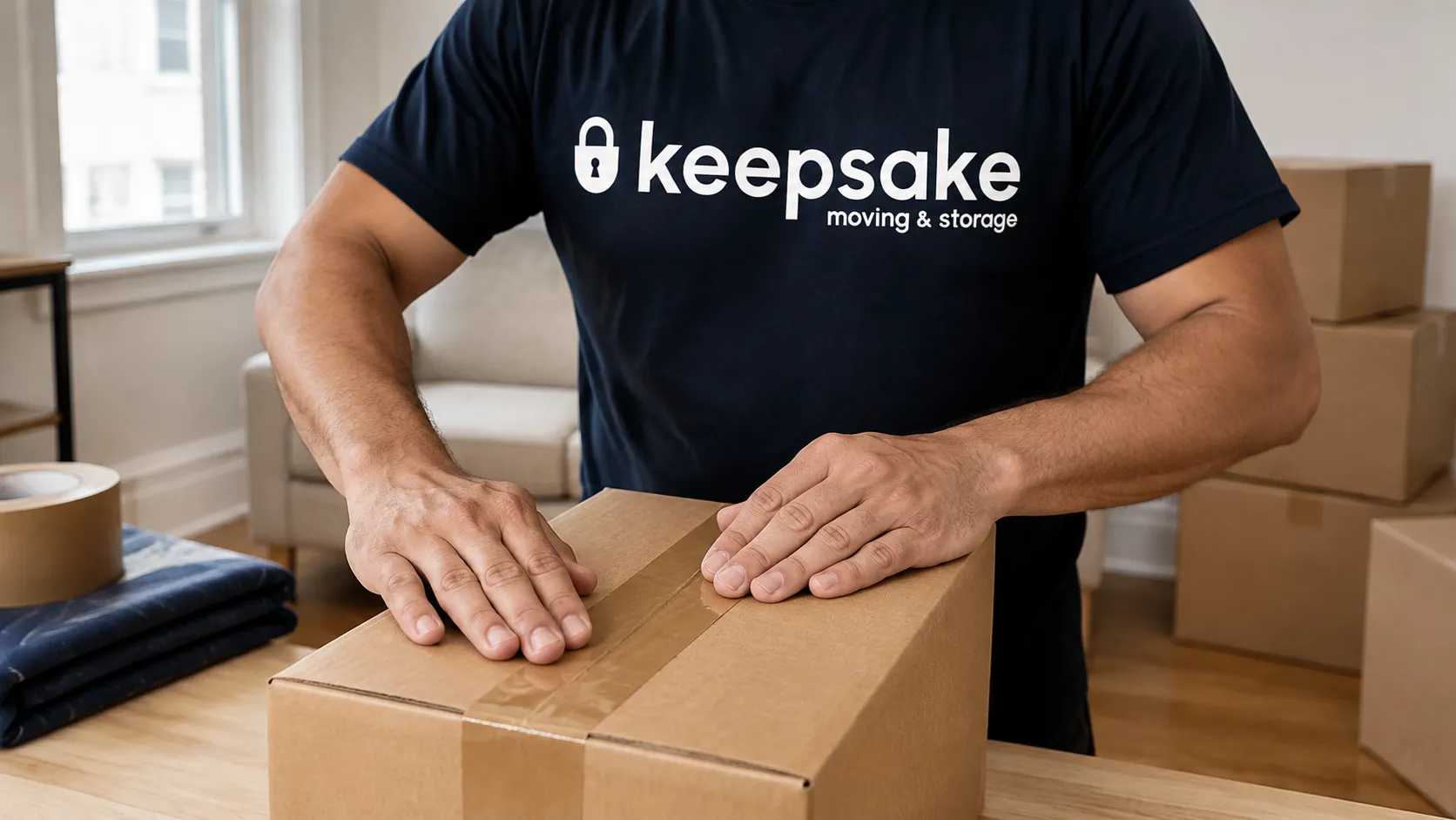Close view of hands sealing a moving box with packing tape.