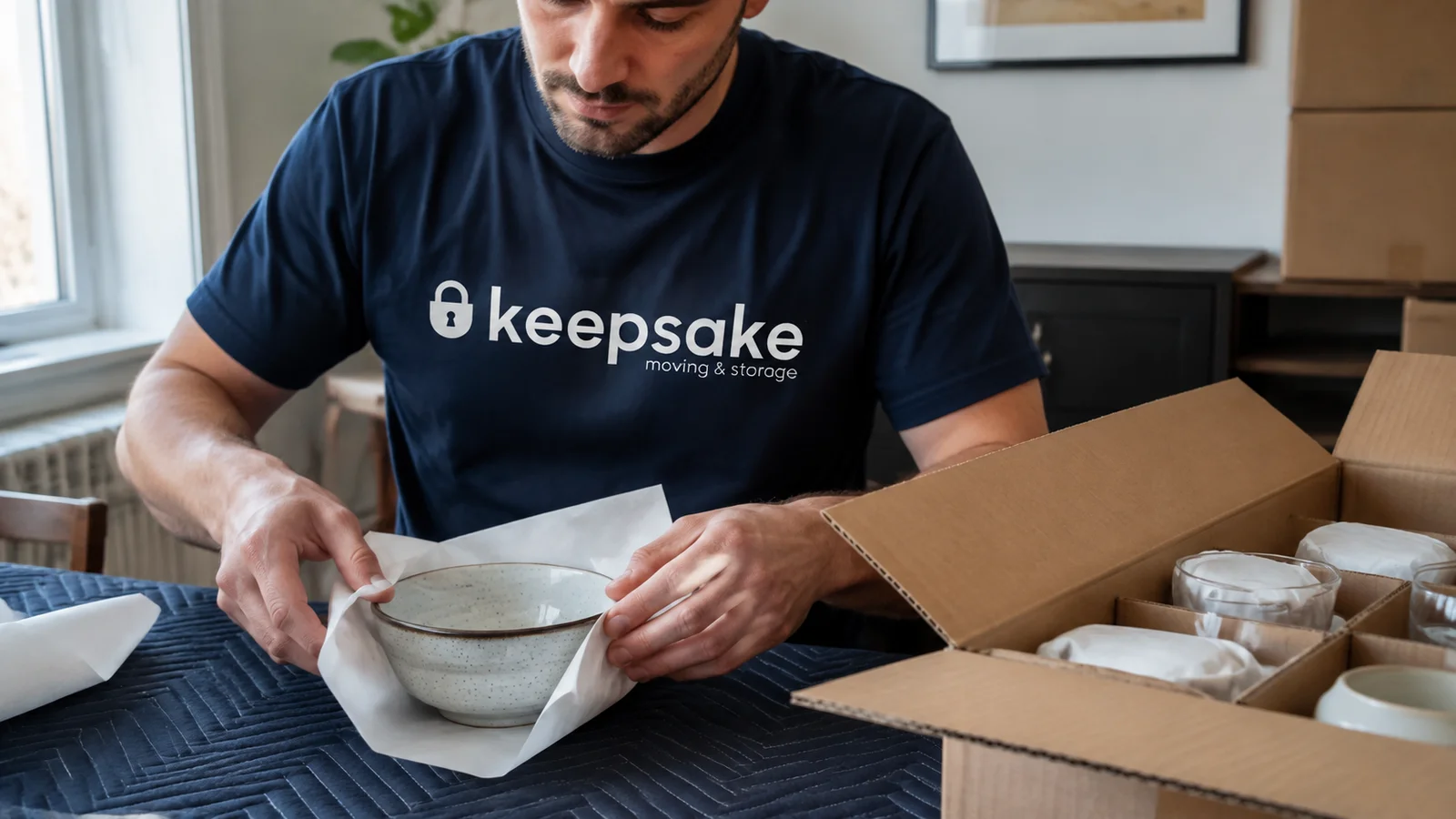 Illustrative scene of a fragile bowl being wrapped on a supported surface.