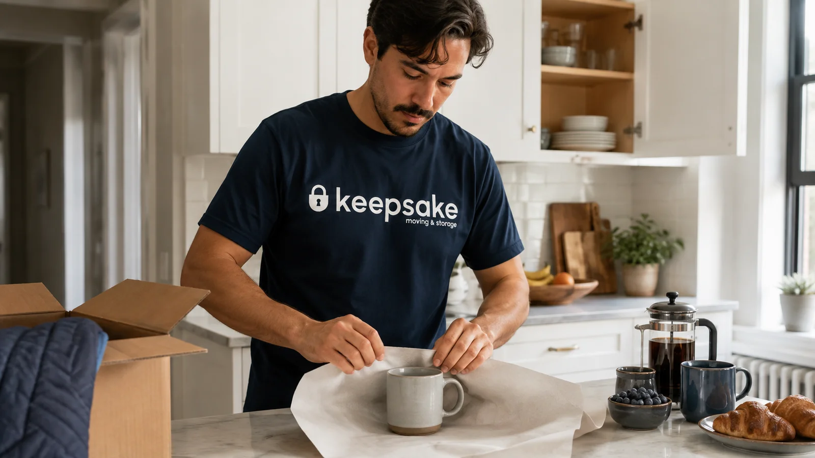Illustrative kitchen-packing scene with a mug supported on a counter.