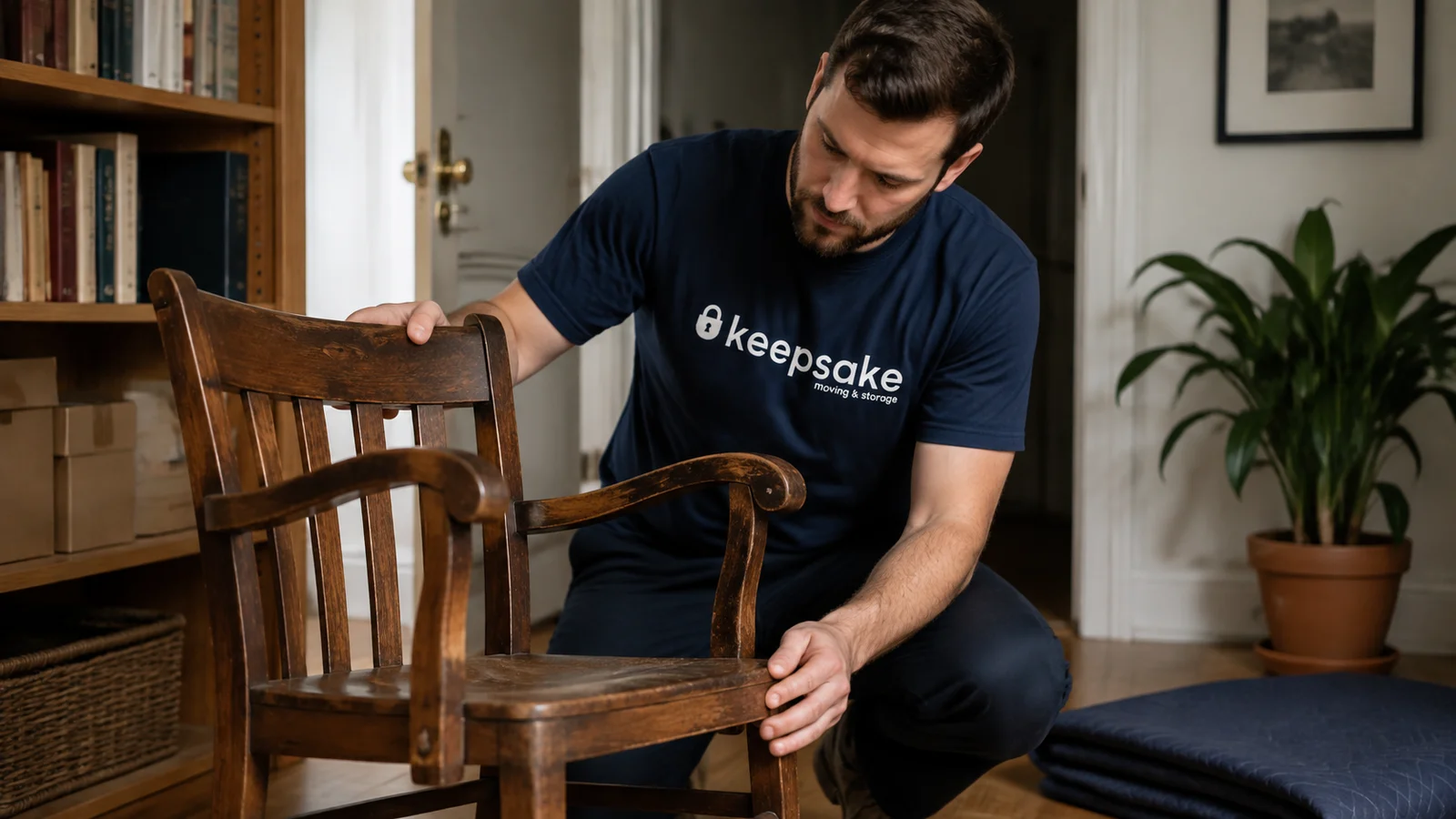 Illustrative scene of an armchair being checked before collection.
