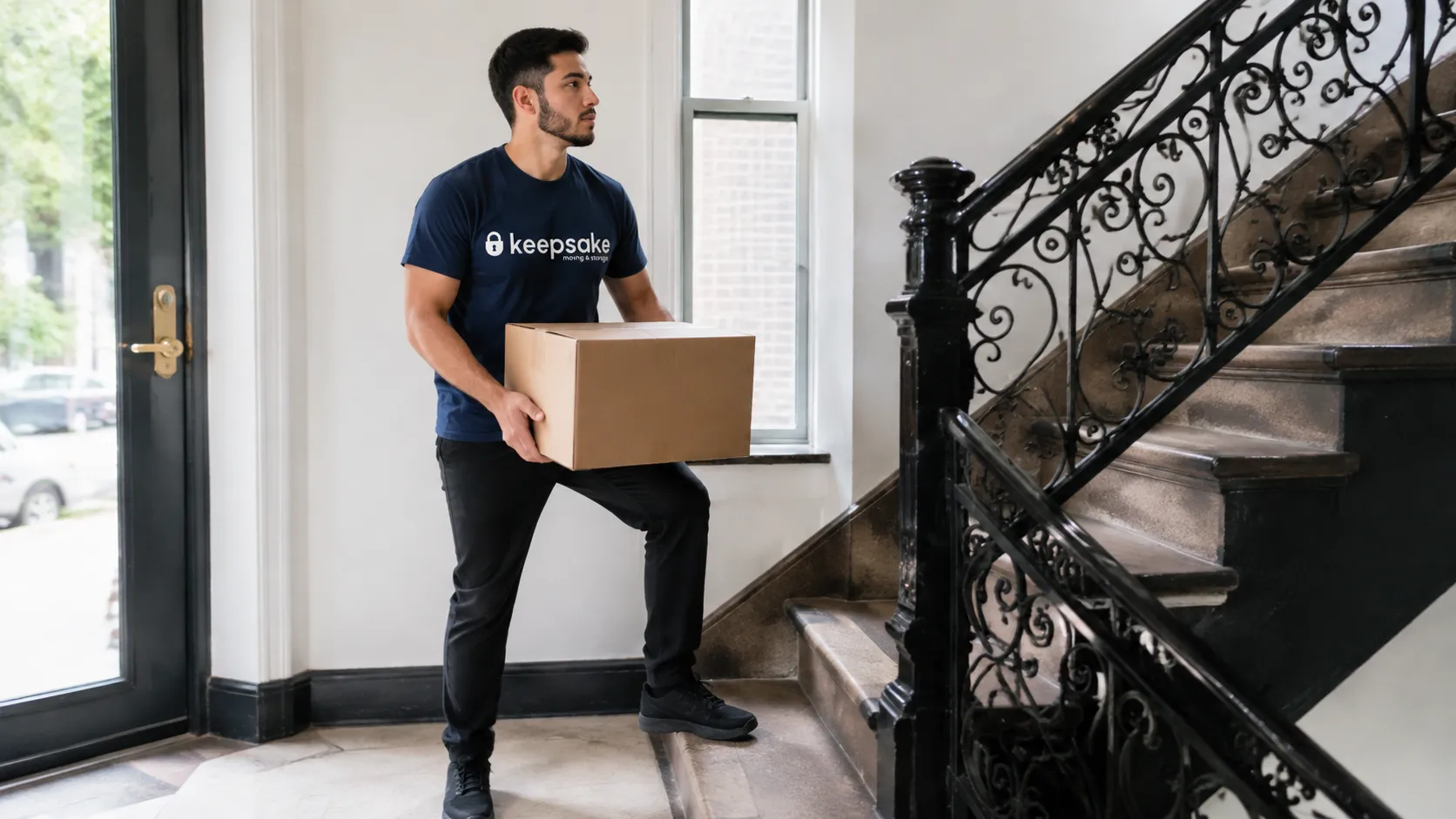 A mover taking a small carton onto the first stair from a clear landing.