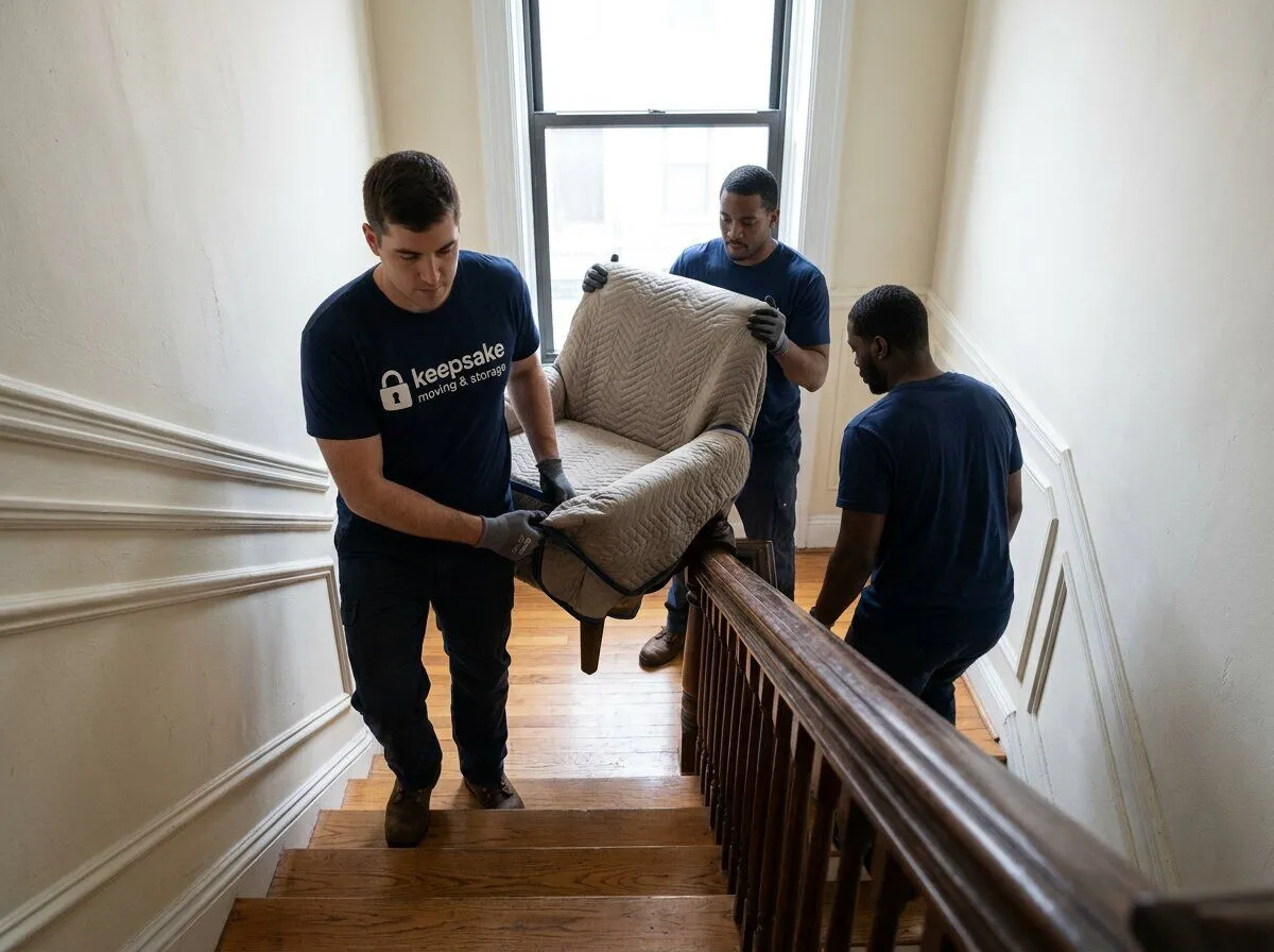 A pad-wrapped dresser coming down a prewar walk-up staircase between two Keepsake movers