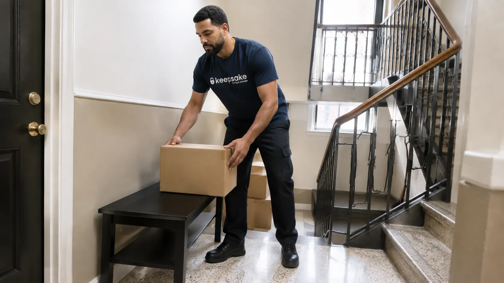 A mover setting a small box onto a bench on a stair landing.