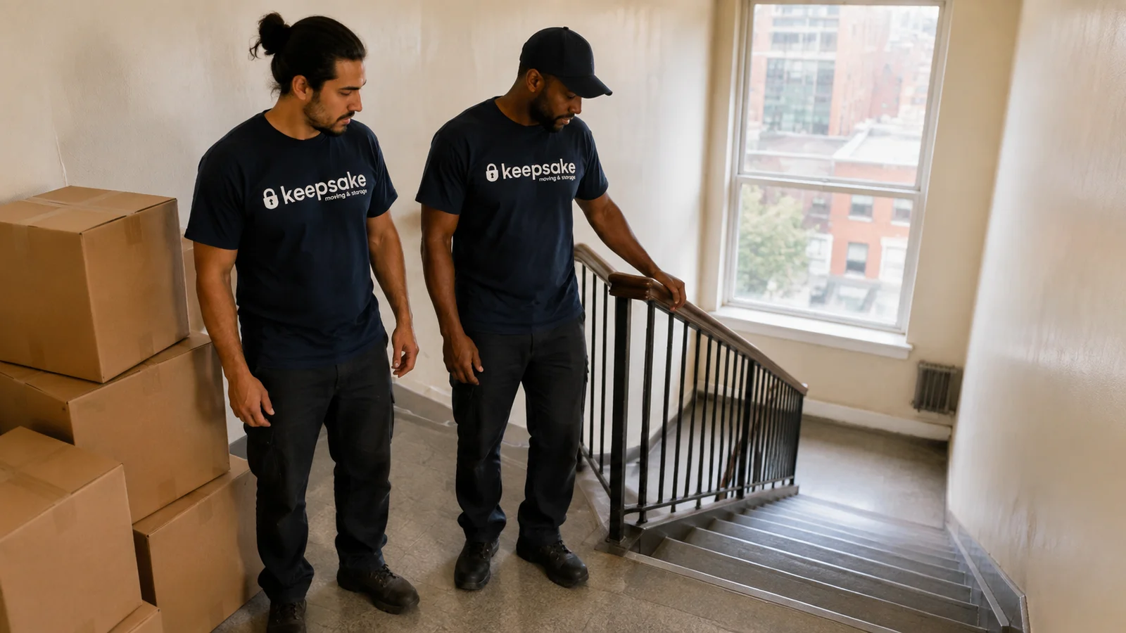 Two movers checking the route from an apartment stair landing.