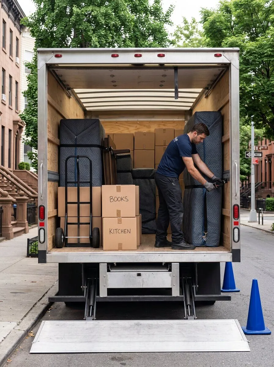 The Keepsake truck's open rear showing furniture strapped under grey pads and labelled boxes in tiers