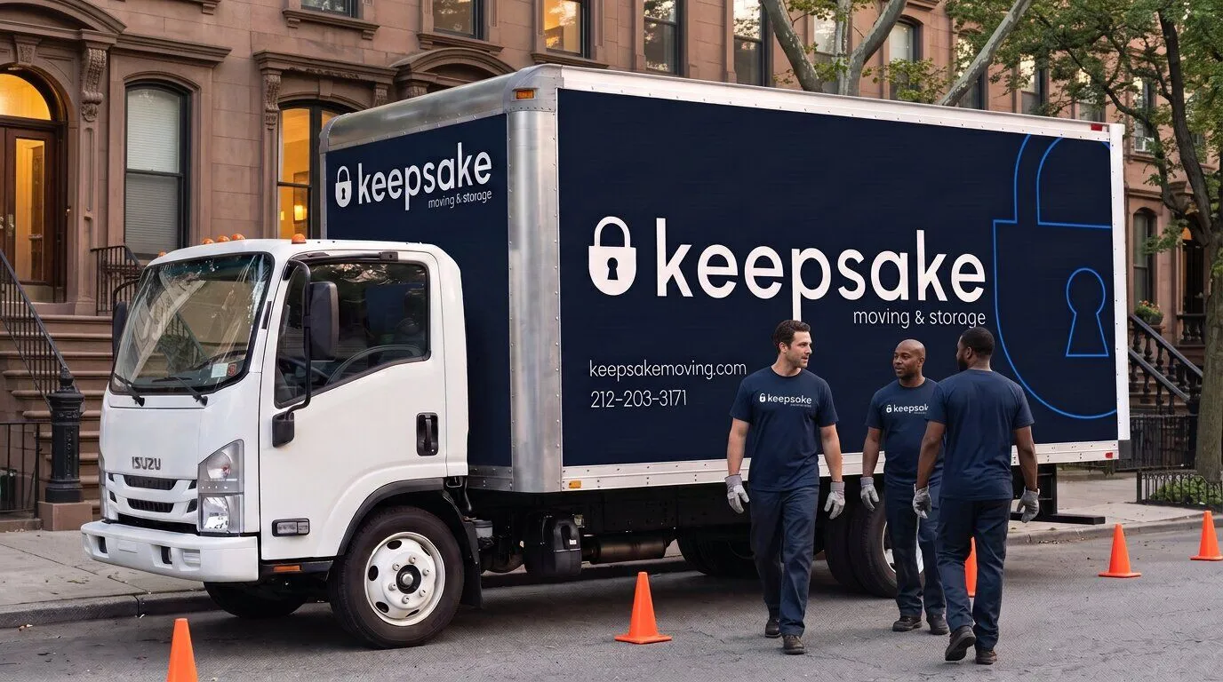 Three movers walking past a Keepsake truck on a brownstone block