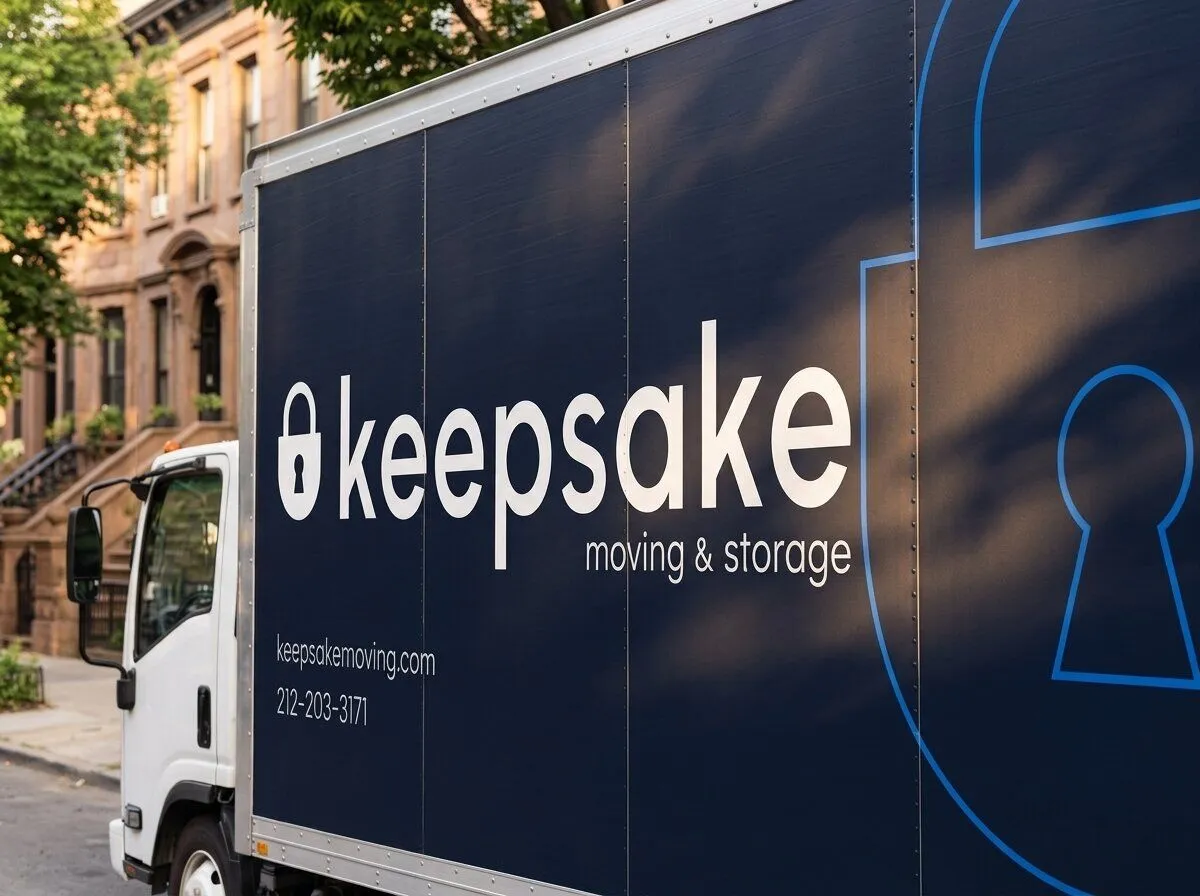 The keepsake wordmark and padlock icon along the truck's navy flank