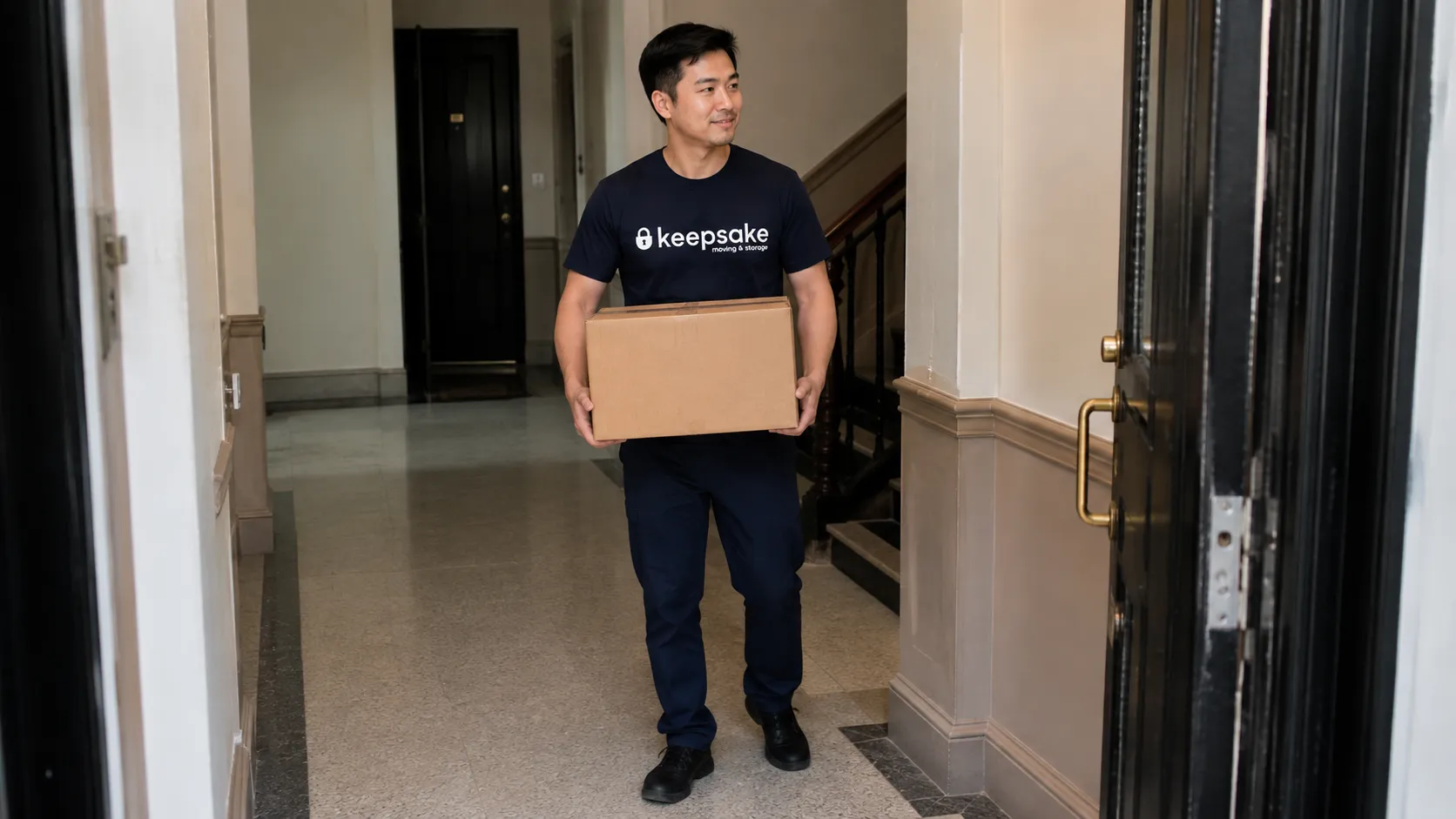 A mover carrying a small carton through a clear apartment entrance.