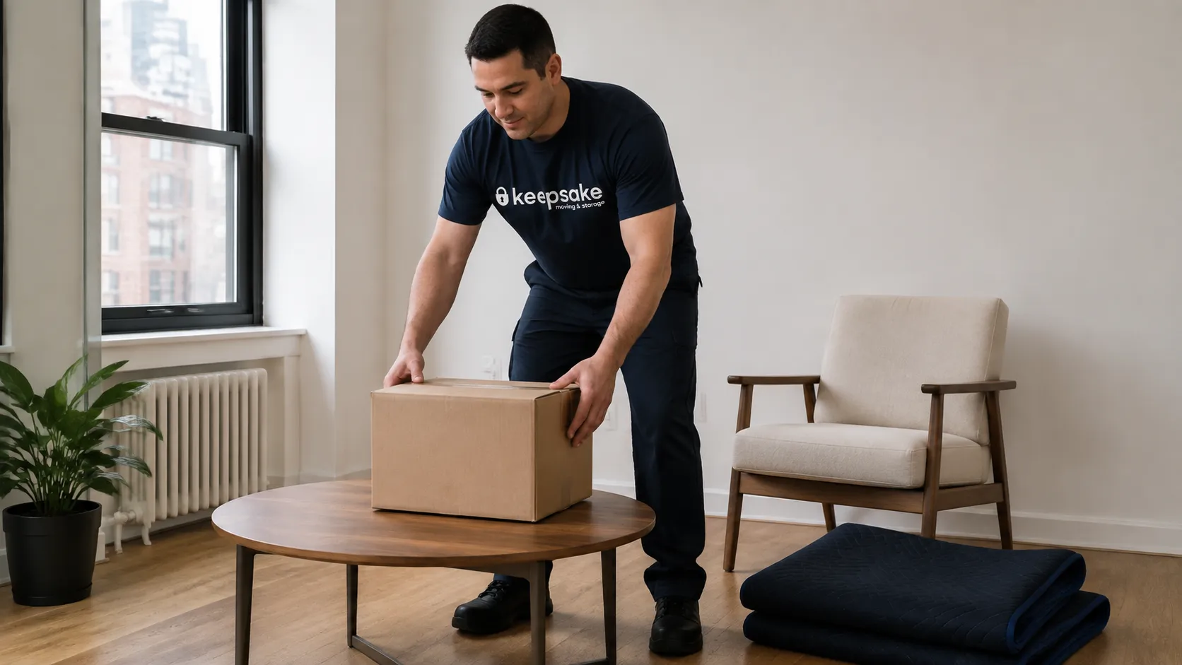 A mover setting a delivered carton onto a stable table.
