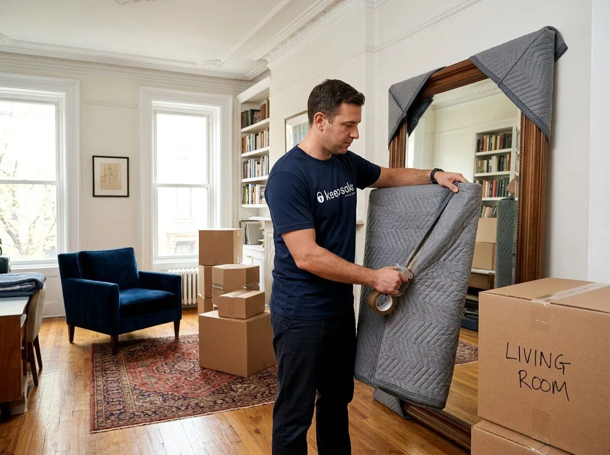 A Keepsake mover taping quilted moving blankets around a tall framed mirror in a living room, a box marked LIVING ROOM beside him