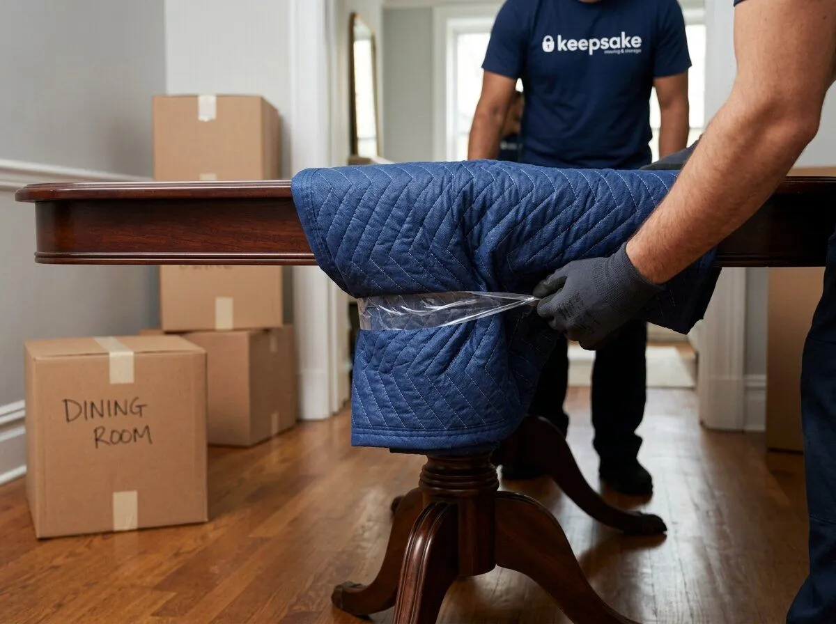 Keepsake movers wrapping a dining table in moving blankets next to a box marked DINING ROOM